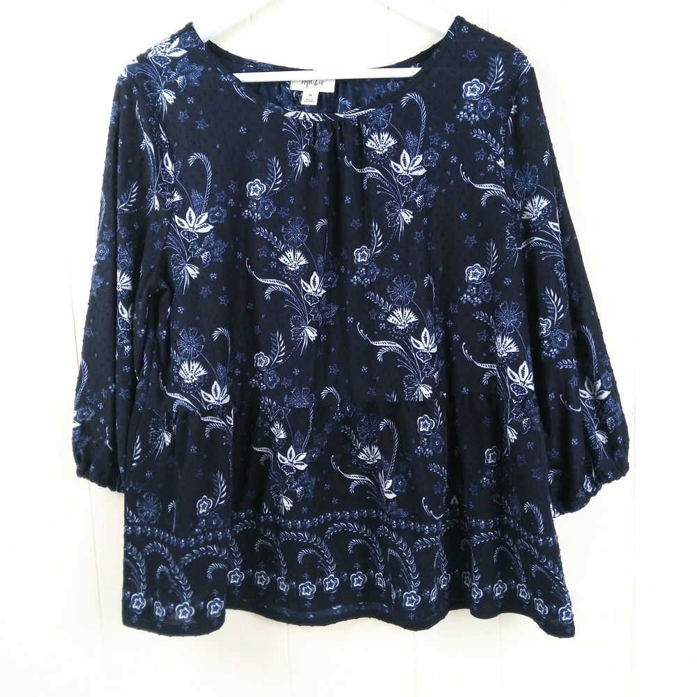 Style & Co Swiss Dot Floral Peplum Top Size 1X Blue Babydoll Popover 3/4 Sleeves